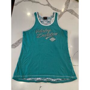 Harley Davidson Rhinestone Racerback Tank Lace Turquoise White Women’s Sz L